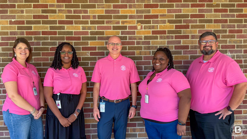 Five District Office staff members in matching pink DD4 polo shirts stand side by side and smile in front of a brick wall.