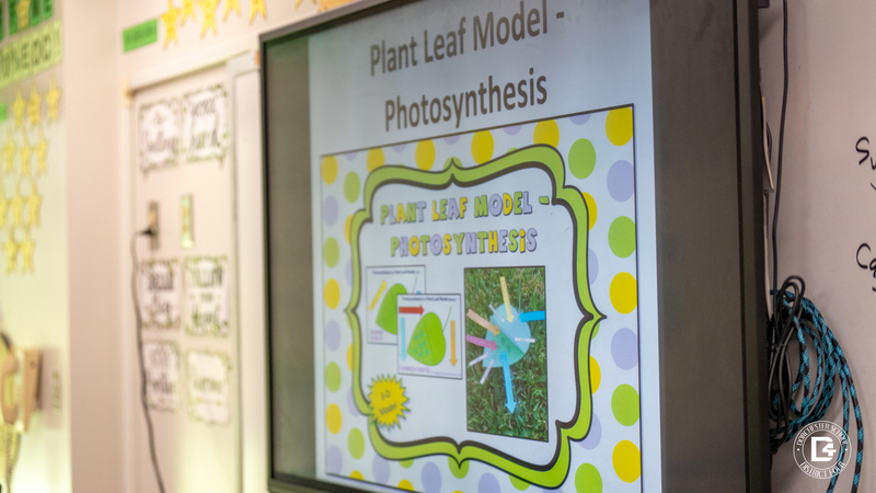 A classroom smartboard displays a colorful slide titled “Plant Leaf Model – Photosynthesis” with diagrams and arrows.