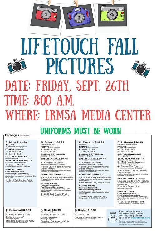 Lifetouch Fall Pictures Friday, Sept. 26, 2025 8:00 AM LRMSA Media Center -See attached flyer for more info.