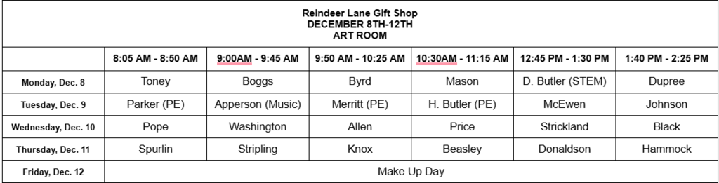 Reindeer Lane Schedule