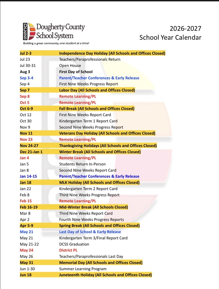 DCSS 2026-2027 School Calendar
