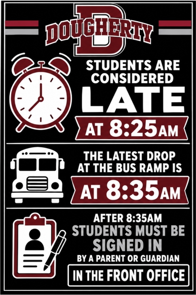 Late arrivals after 8:35 must check in the front office with a parent.