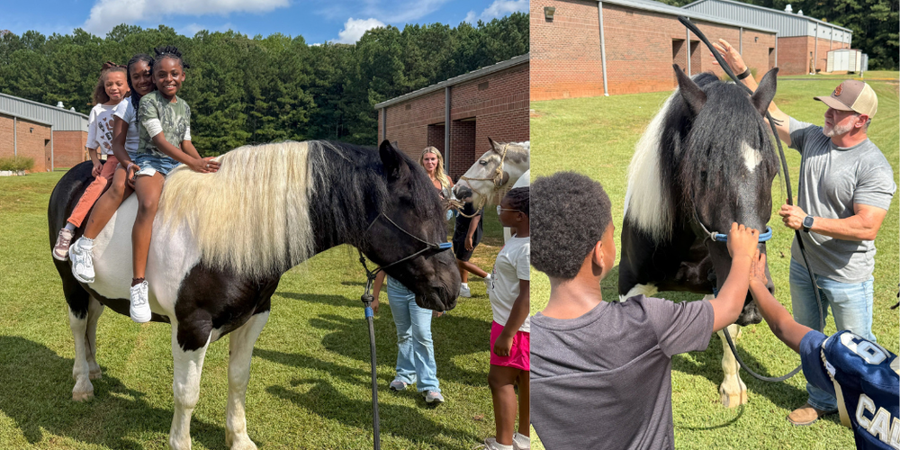 Bright Star students visiting with a cattle rancher and his pony during a special program at the school.