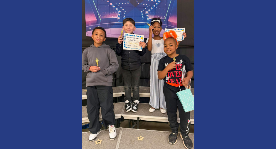 Factory Shoals Elementary students show off their talent show awards.