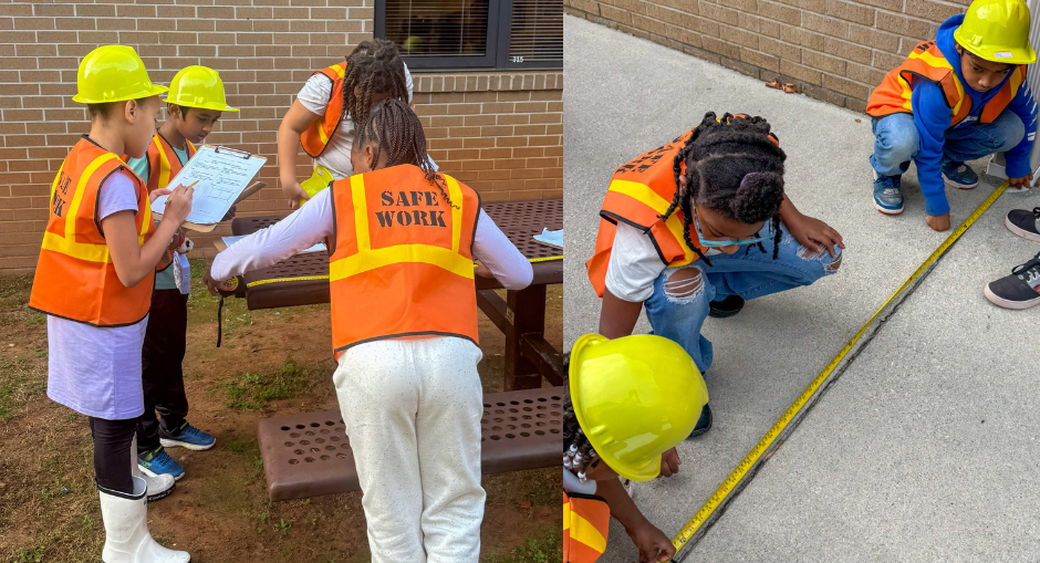 Arbor Station Elementary students wear safety vests and hard hats while participating in hands-on engineering activities, including measuring and building with materials outdoors.