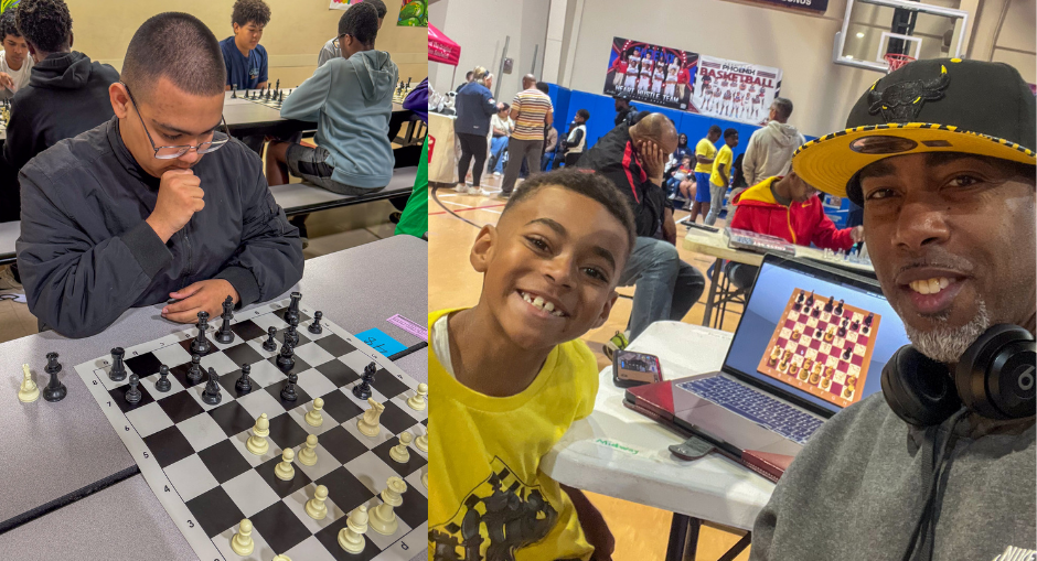DCSS students play Chess and a father and son take a selfie during the Scholastic Chess Championship.
