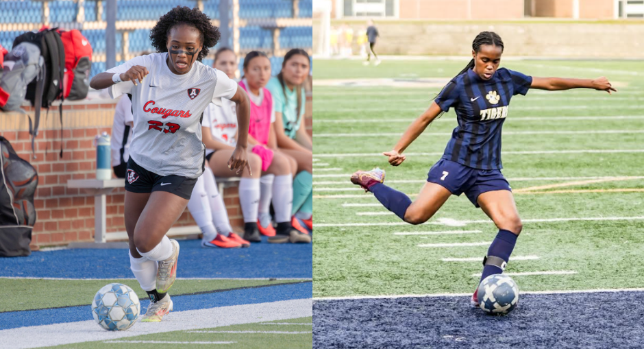 Alexander girls leading scorer Emory Pitts and Douglas County girls leading scorer Maya Burns kick the ball during games this season.