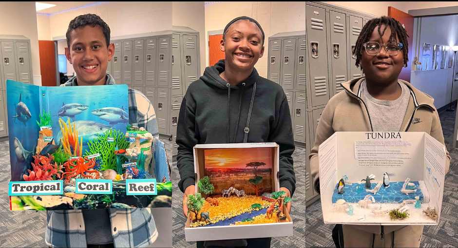 CHMS students with their biome box projects.