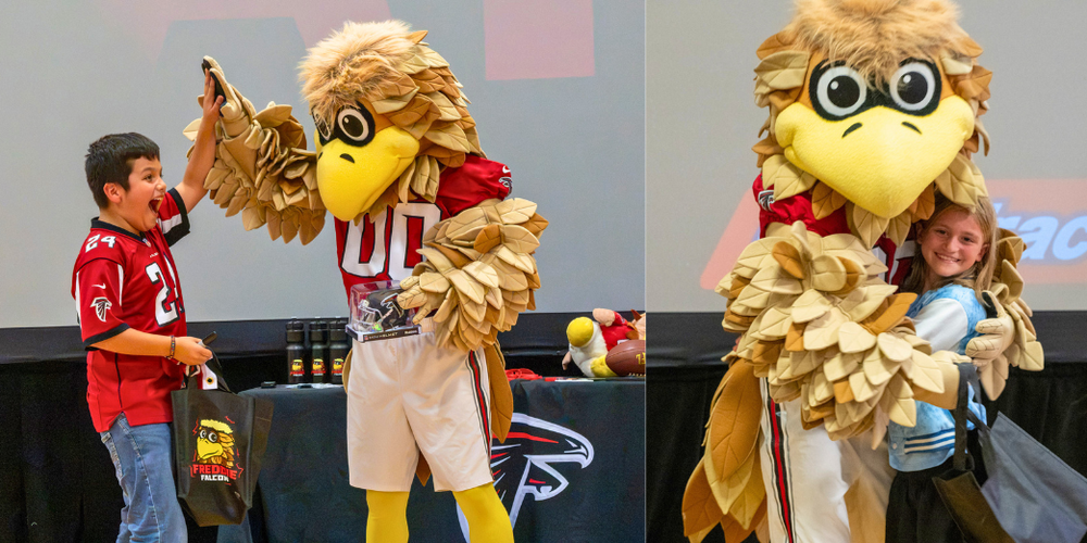 Bright Star student Rafael Barrios and Arbor Station student Avalynn Minix celebrate with Freddie Falcon during visits to their schools on Aug. 28, 2026.