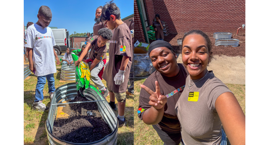 Students and volunteers build a garden at New Manchester Elementary on Earth Day 2026.