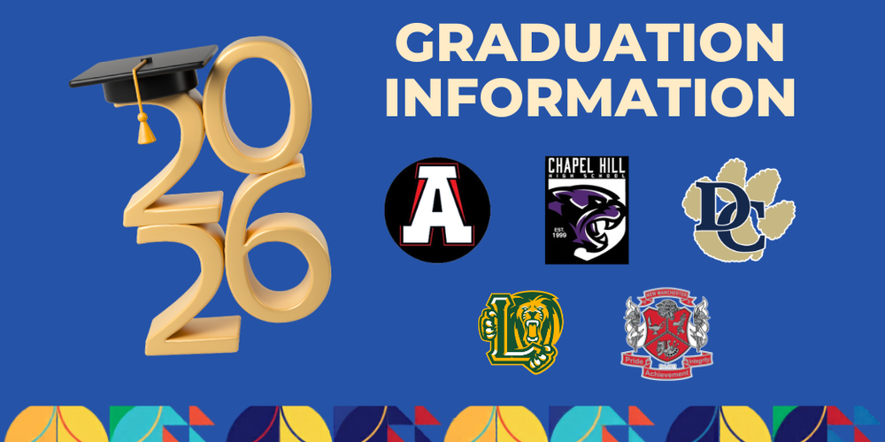 Graphic showing 2026 Graduation Information with logos for all five DCSS high schools.