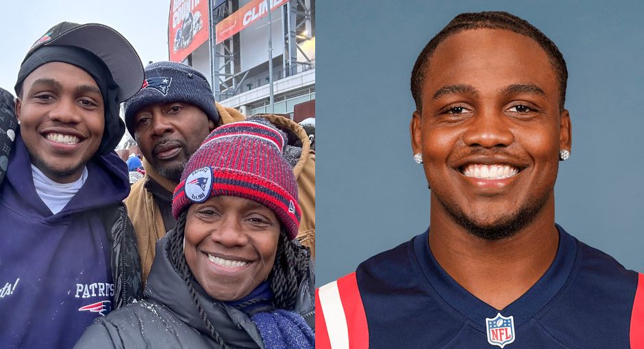Former CHHS graduate Bradyn Swinson, right, will play in Super Bowl LIX Sunday as a member of the New England Patriots. Left photo shows Swinson with family members at a Patriots game.