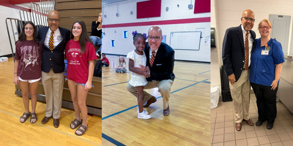 Superintendent Dr. North pictured with BAES Principal Christy Shackelford, a student and a cafeteria worker.