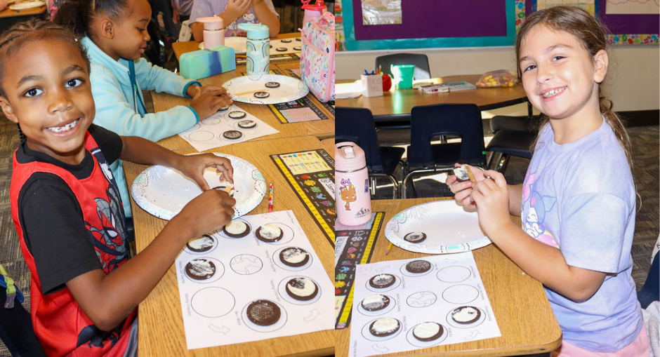 ASES students using Oreo cookies to show moon phases.