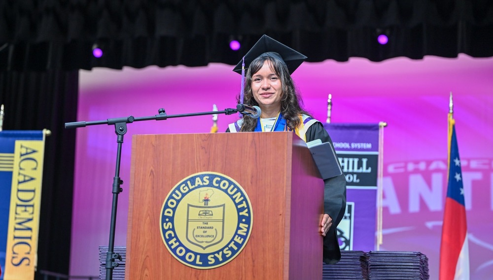 Chapel Hill High School 2026 valedictorian Valeria Padierna speaks during the school's graduation ceremony.