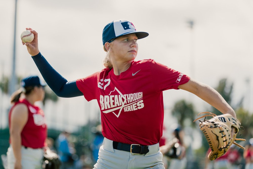 Kennedy Cantrell throws the baseball during the 2025 Girls Baseball Breakthrough Series event in Vero Beach, Florida.