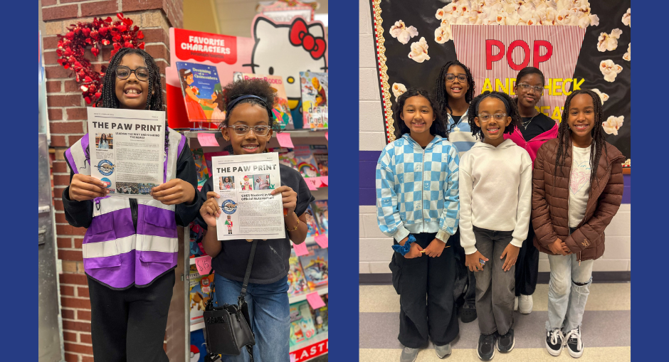 Chapel Hill Elementary students hold up copies of the new school newspaper, The Paw Print.
