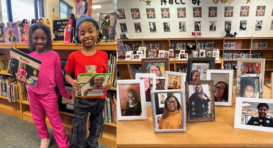 Chapel Hill Elementary students hold books in the library and framed photos of women at the school are shown on a shelf for Women's History Month.