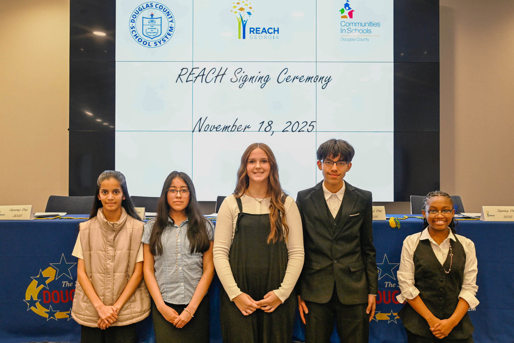 The 2025-2026 REACH Scholars represent five middle schools: Audrey Berrones from Chestnut Log Middle School, Madison McCoy from Fairplay Middle School, Diya Patel from Mason Creek Middle School, Roy Light from Turner Middle School, and London Moten from Yeager Middle School.