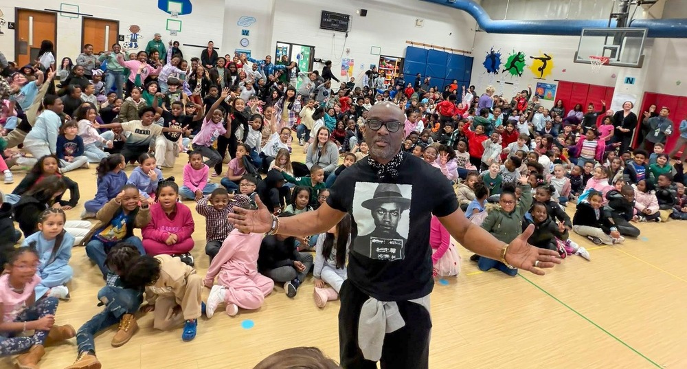 Author Derrick Barnes during a special visit in honor of Black History Month at Holly Springs Elementary.