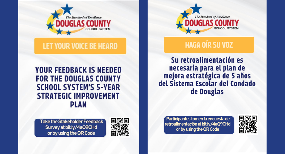 Flyers advising stakeholders to take the Stakeholder Feedback survey in both English and Spanish.