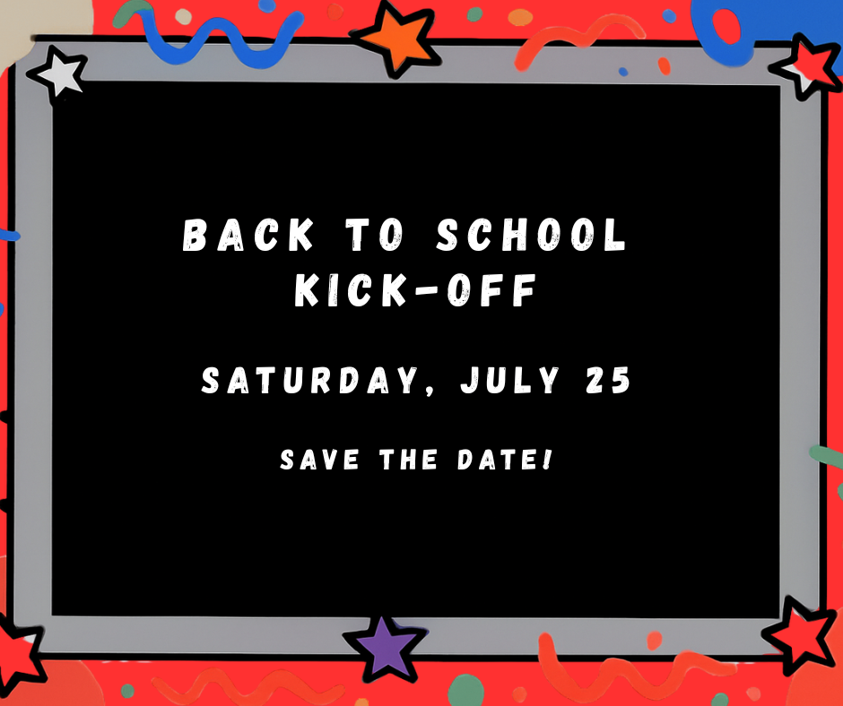 Red and black square with white letters that say Back to school kick off sate the date! Sat. 7/25