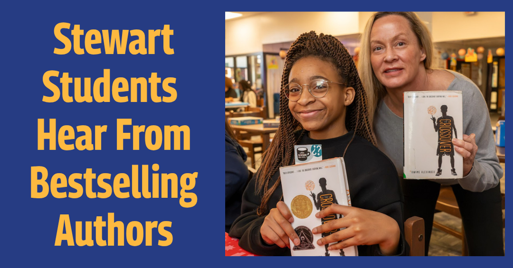 A smiling Stewart Middle School student and staff member each hold a copy of the book “The Crossover” at a school event. Text reads: “Stewart Students Hear From Bestselling Authors.”