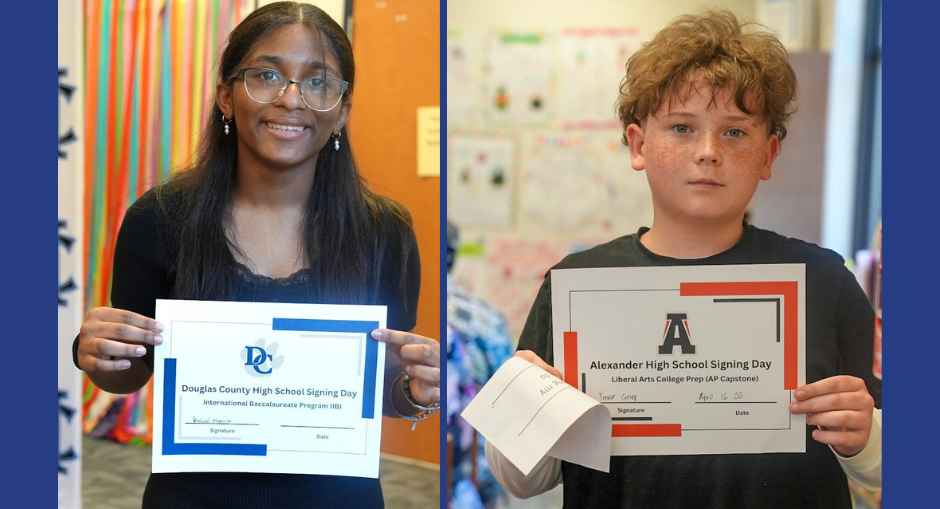 Mason Creek Middle students hold up certificates declaring their choices  for high school magnet program.