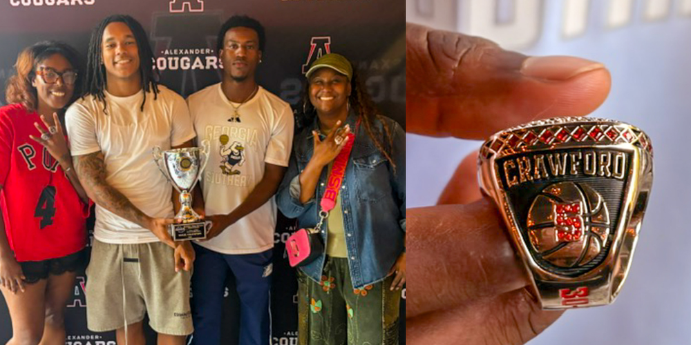 Alexander basketball players with state championship rings.