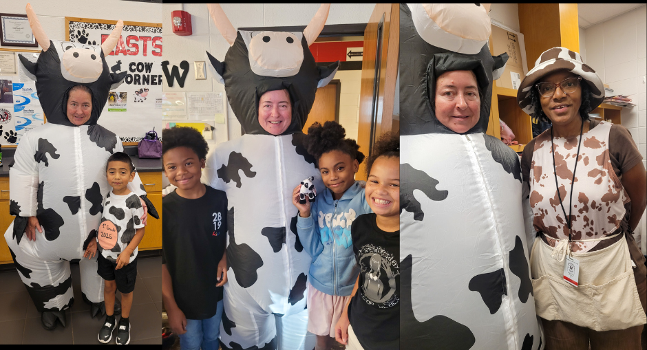 Students and staff in cow costumes and cow clothing celebrate Milk Day at ESES.