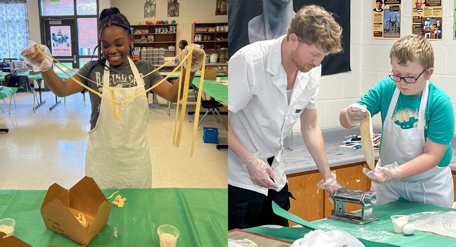 Students make pasta as part of  a new partnership She also helped students learn about agriculture, nutrition, and the environment before making their own parfaits using organic, non-dairy ingredients. Following the workshop, students said they planned to recreate the recipe at home.