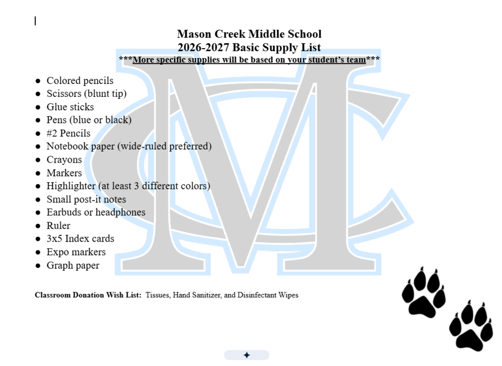2026-2027 Basic School Supply List