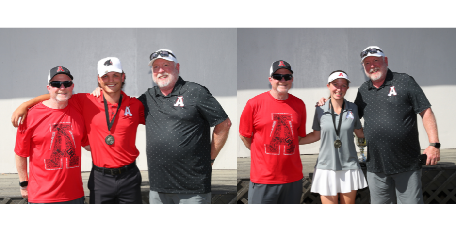 AHS golfers and low medalists at the county golf tournament Landon Boyd and Emma Slatton are pictured with coach Ben Robinson and AHS athletic director Rob Alford.