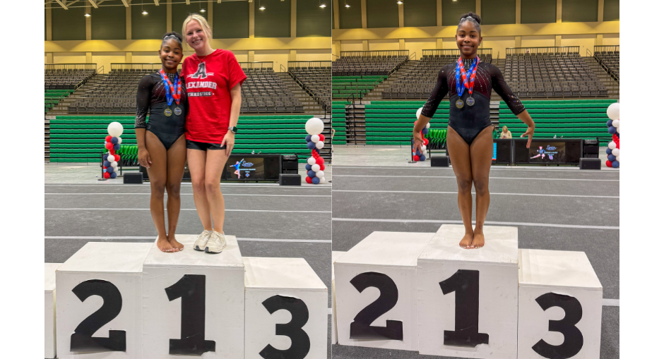 Photos of AHS gymnast Erin Johnson and coach Caitlyn Hackney on the podium at the GHSA State Gymnastic Championships.
