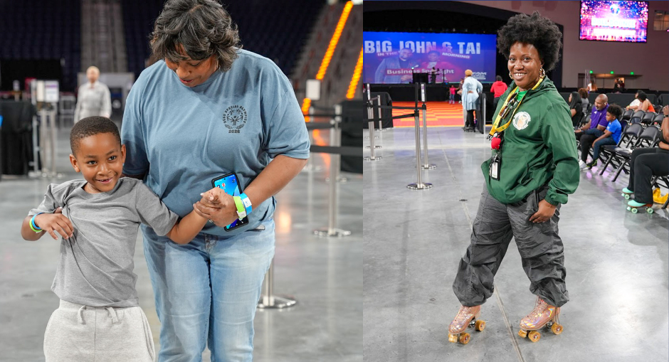 Families roller skate during a special DCSS Family Night roller skating event called Roll Bounce.