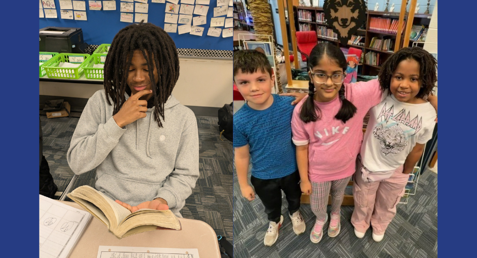 Students at Chapel Hill Middle and Holly Springs with books.