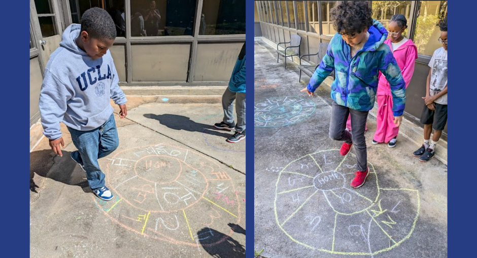 Chapel Hill Middle French students play a French version of hopscotch called "Escargot!"