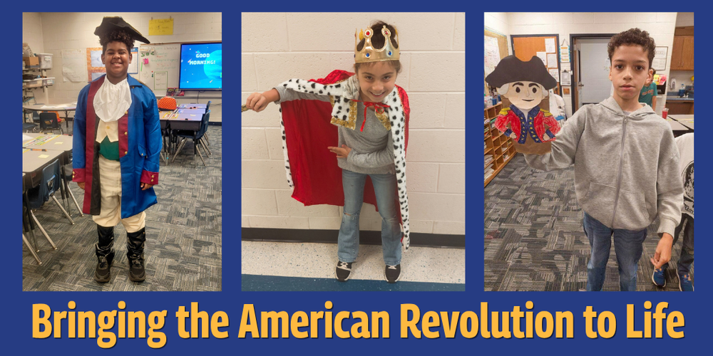 Mason Creek Elementary students dressed as heroes from the American Revolution with a headline: "Bringing the American Revolution to Life."