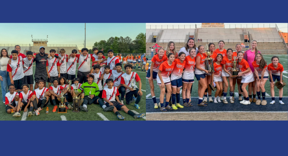 Group photos of the middle school champion soccer teams from Turner Middle and Fairplay Middle