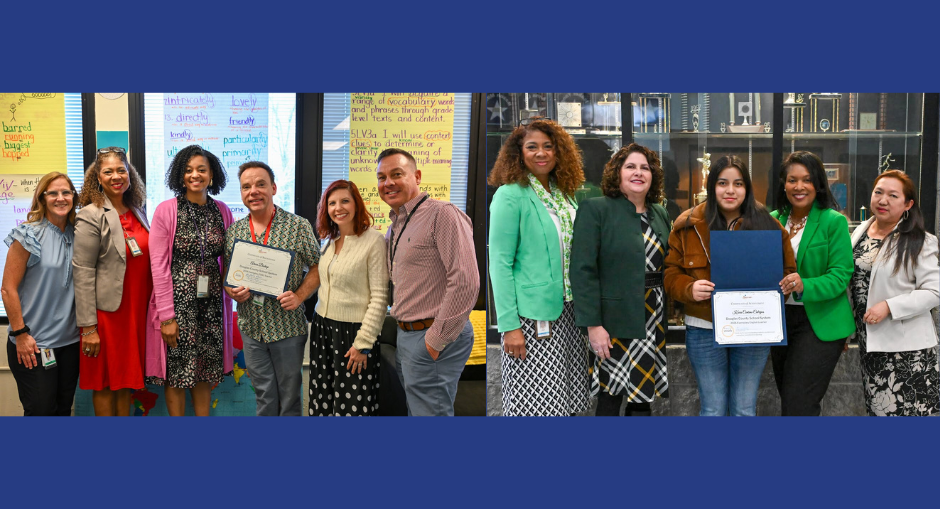 Group photos showing Beulah teacher Amos Bishop, who is the 2026 DCSS ESOL Teacher award winner and Douglas County High student Kiara Cabrejos who is the 2026 English Language Learner award winner.