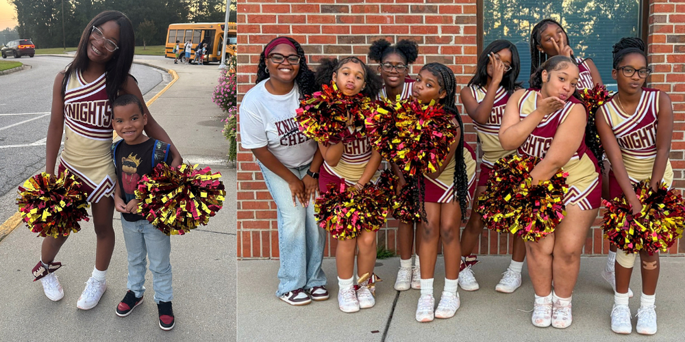 Factory Shoals Middle cheerleaders visit Sweetwater Elementary to greet students.