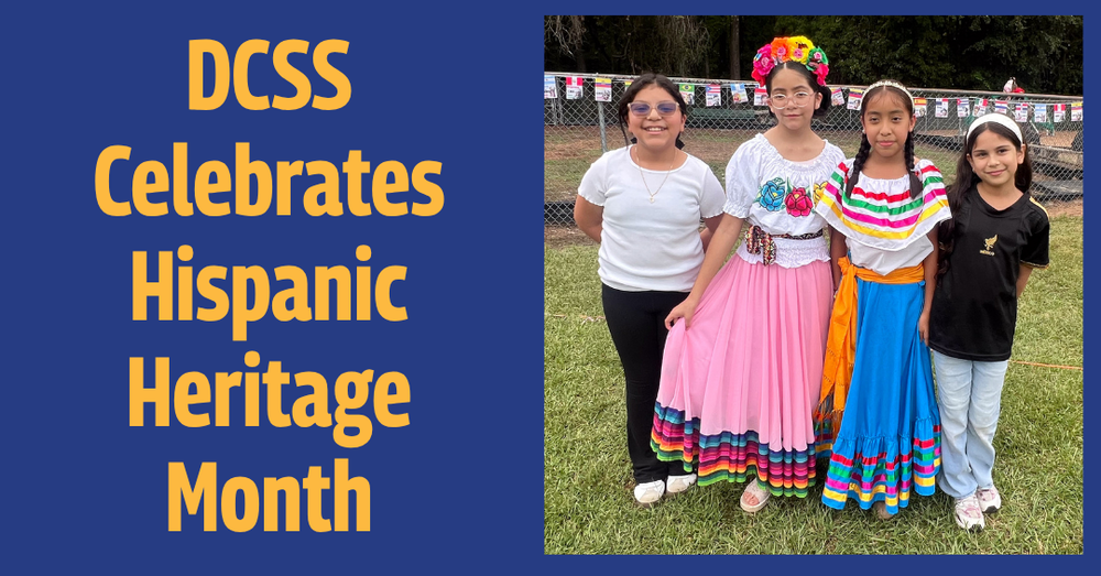 Students in colorful costumes on a graphic with text "DCSS Celebrates Hispanic Heritage Month"