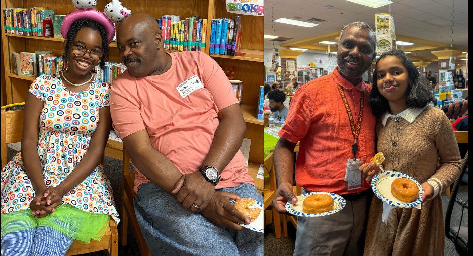 FSMS students with their dads and during the Doughnuts with Dads event.