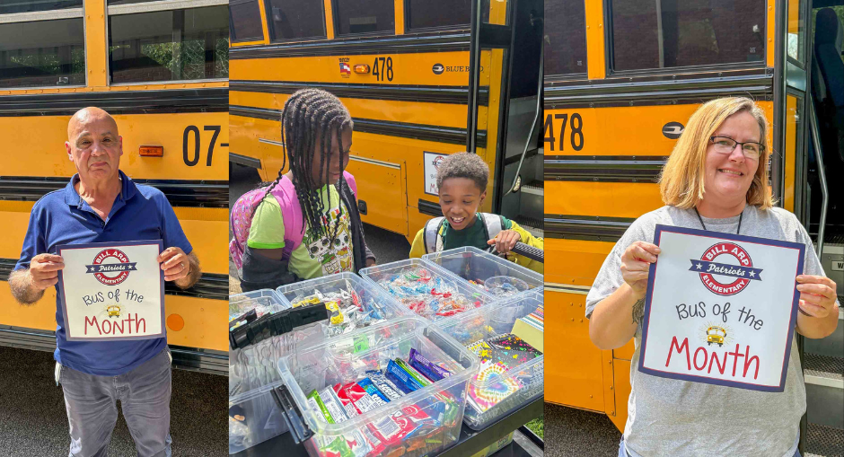 Bus drivers and students being celebrated for Bus of the Month at Bill Arp