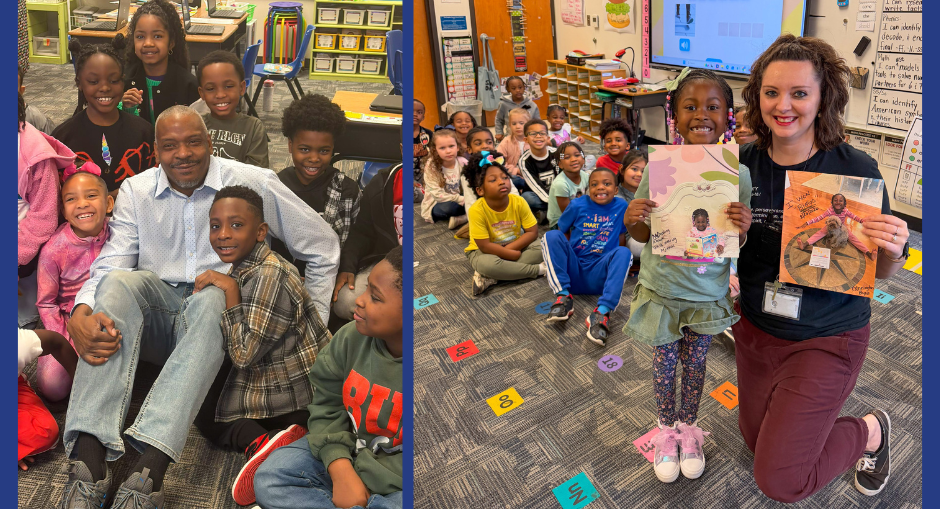 A Holly Springs father with students and kindergarten teacher Jessica Smith with students and books.