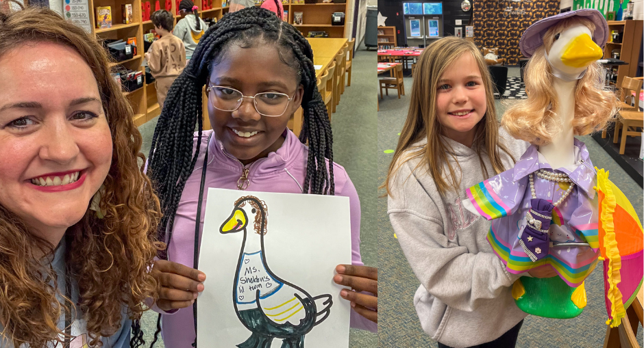 Chapel Hill Elementary media specialist Cameron Sheldon and students smile with Cardi Beak the library goose.