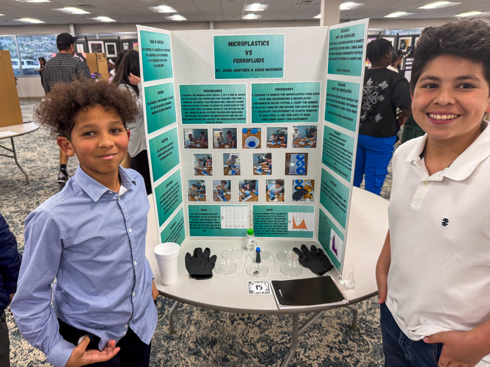 Jasiel Martinez of Mount Carmel Elementary School claimed the overall first-place trophy at the District Science Fair. Her project, "Microplastics vs. Ferrofluids," demonstrated how magnetic liquid can be used to extract microplastic particles from water.