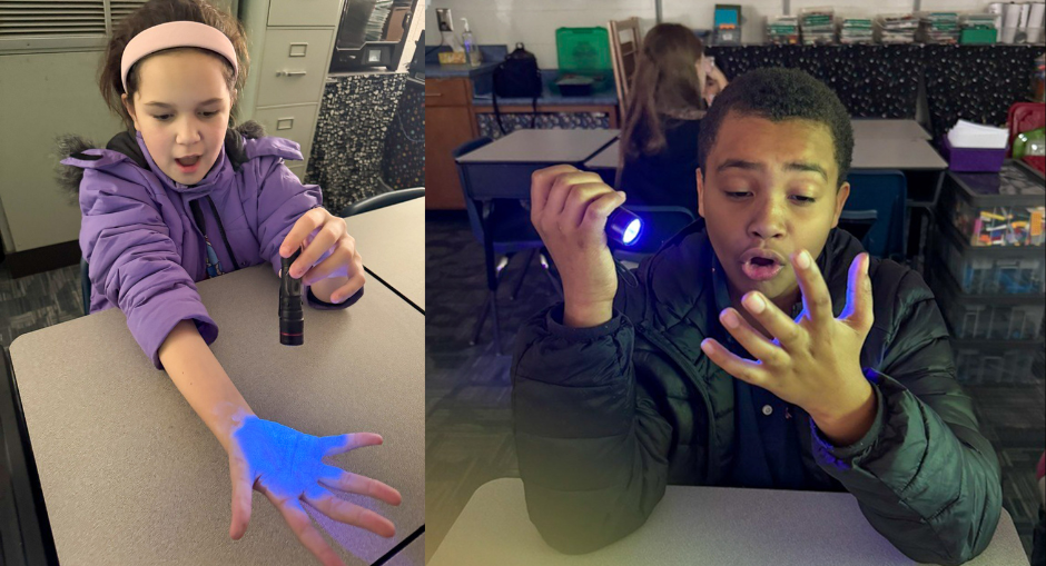 Mason Creek Elementary students experiment during a glow germs microorganism lesson.