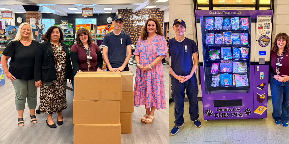 Chapel Hill Elementary staff and Books-a-Million staff with books donated to the school.