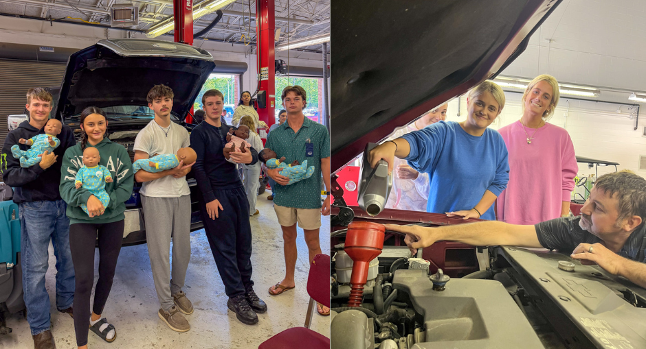 Alexander CTAE students pictured reversing roles - ECE students change the oil in a car while automotive students hold model infants.